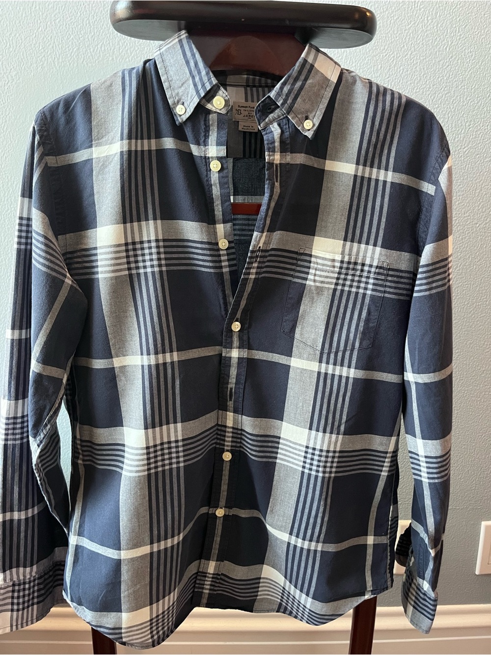 J. Crew Men's Navy & White Plaid Lightweight Summer Button-Down Shirt